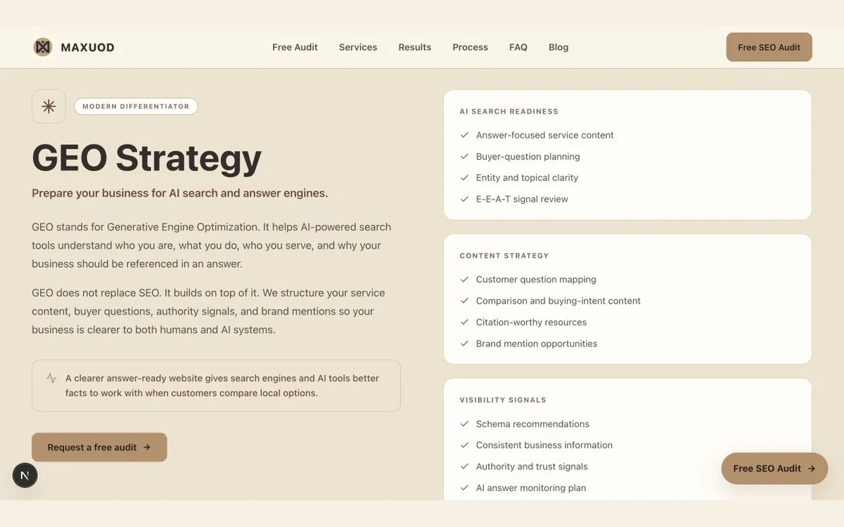MAXUOD Digital services page showing the GEO strategy service and its connection to measurable search work