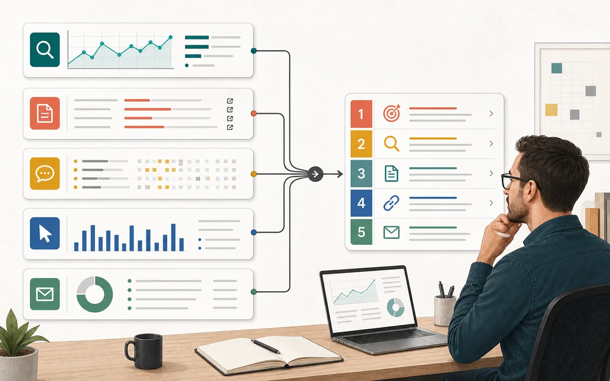 Editorial illustration showing five AI search visibility signals flowing into one prioritized action list reviewed by an analyst