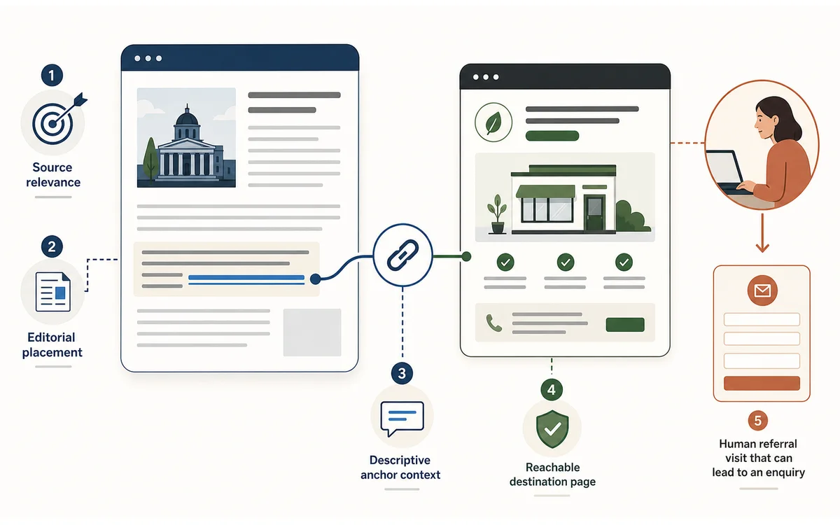 Educational diagram showing a relevant source page linking from editorial context to a reachable small-business page and a human enquiry path