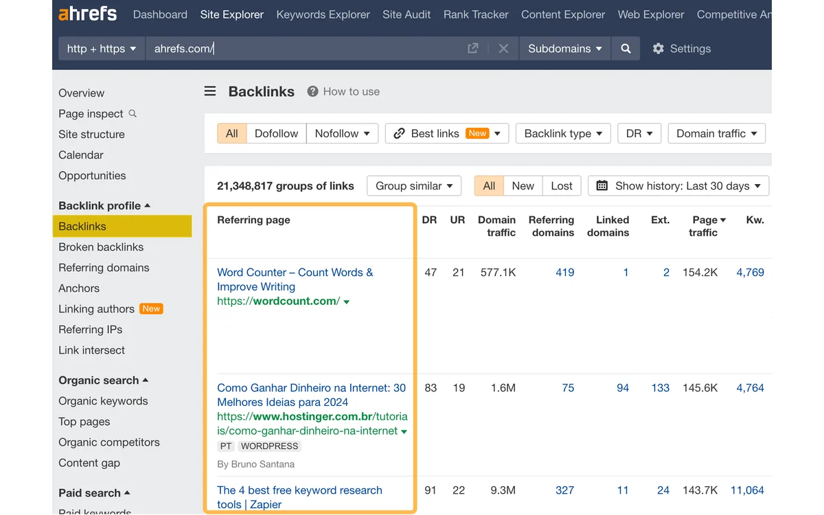 Official Ahrefs Site Explorer Backlinks report showing referring pages, link attributes, domain metrics, traffic fields, and link history controls
