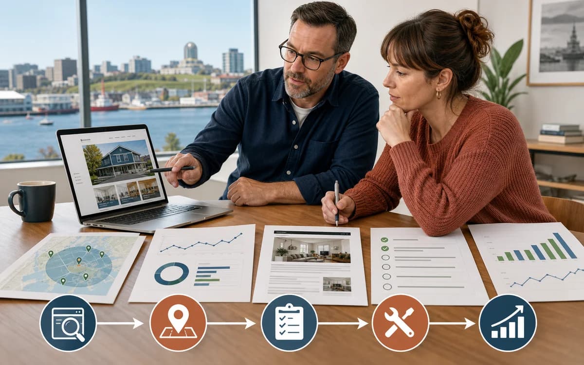 SEO advisor and small-business owner in Halifax reviewing a website, local map, analytics, task list, and measurement plan