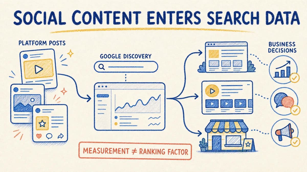 Hand-drawn flow from social platform posts through Google discovery to business content decisions, labelled measurement does not equal a ranking factor.