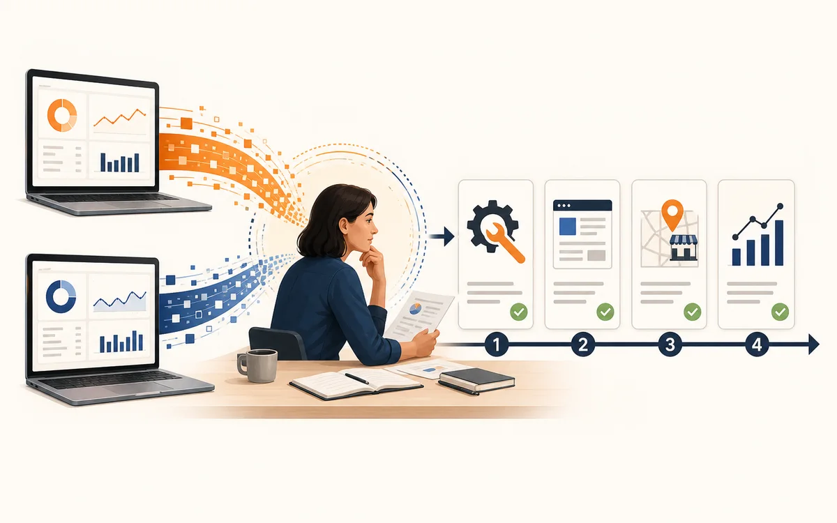 Illustration of orange and blue SEO data streams being reviewed by a person and turned into four ordered work areas