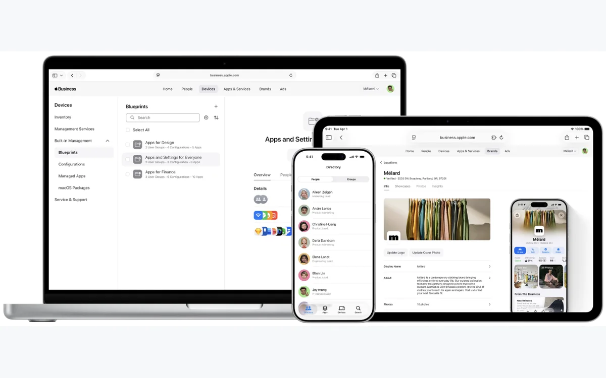 Official Apple Business image showing brand and location management across MacBook, iPhone, iPad, and customer map surfaces