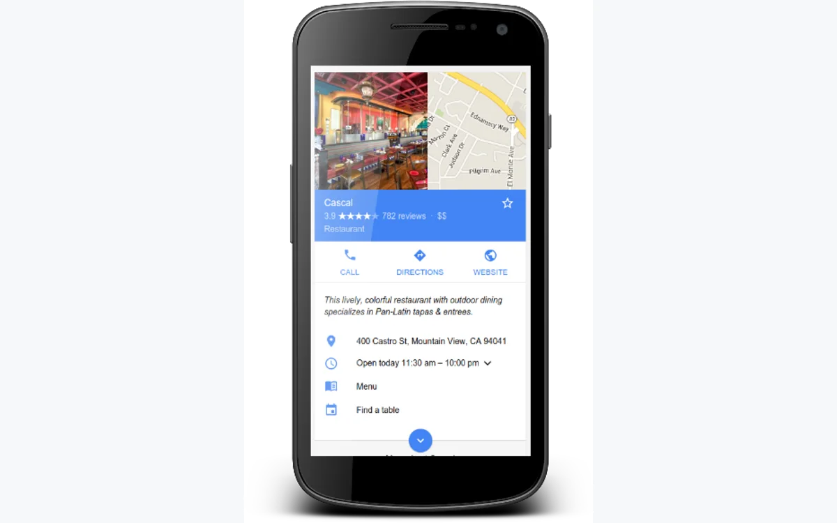 Official Google example of a local business result showing name, reviews, category, address, hours, call, directions, and website actions