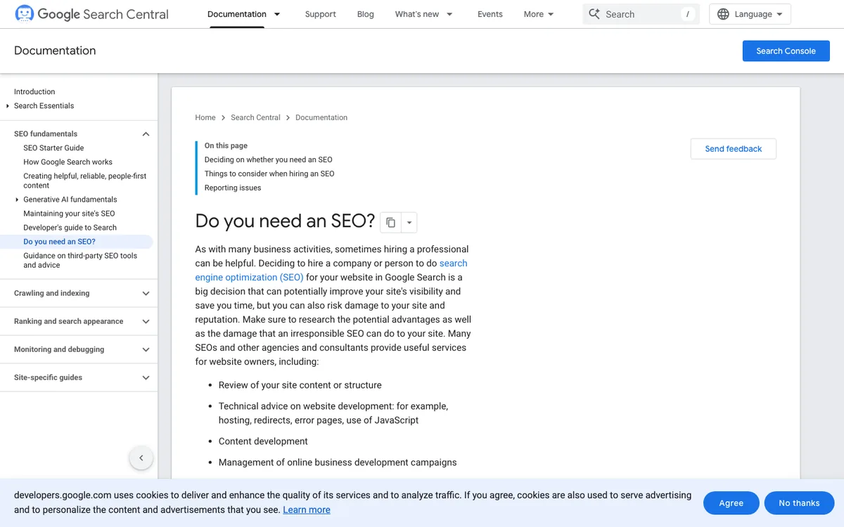 Google Search Central page titled Do you need an SEO with official tips for hiring an SEO specialist