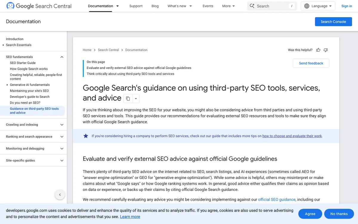 Google Search Central guidance page for evaluating third-party SEO tools services and advice