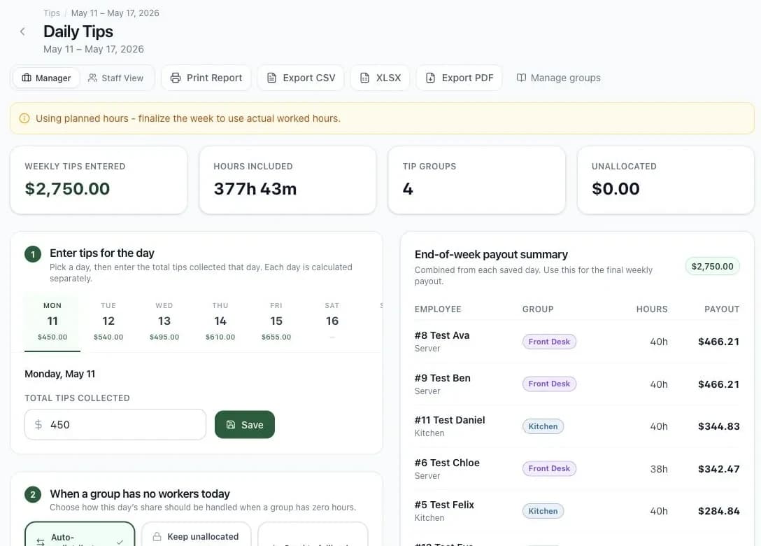 Official Maxuod Shift daily tips screen showing weekly tips, included hours, groups, unallocated amount, and payout summary
