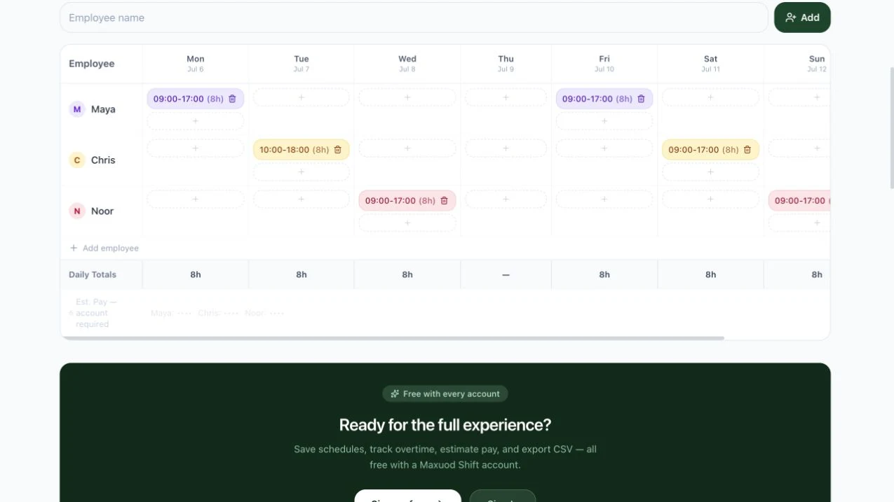 Maxuod Shift guest weekly scheduler with three sample employees, six shifts, and daily hour totals