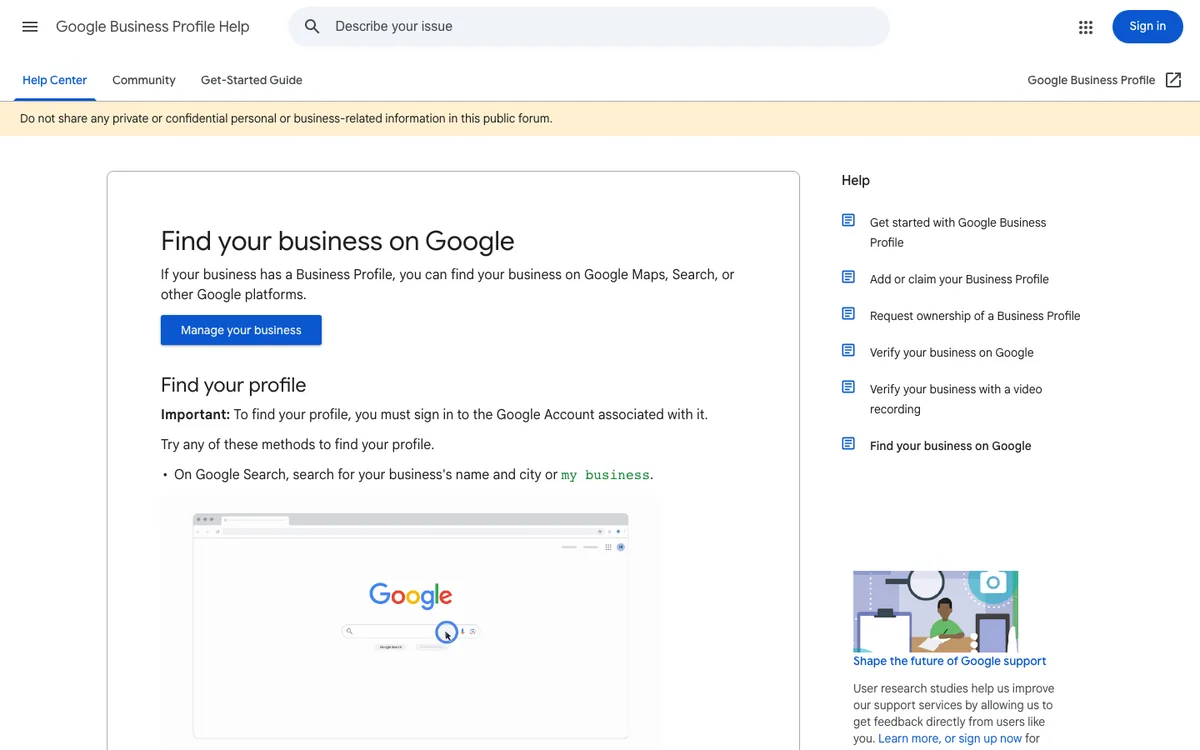 Google Business Profile Help page explaining how to find a business profile on Google Search and Maps
