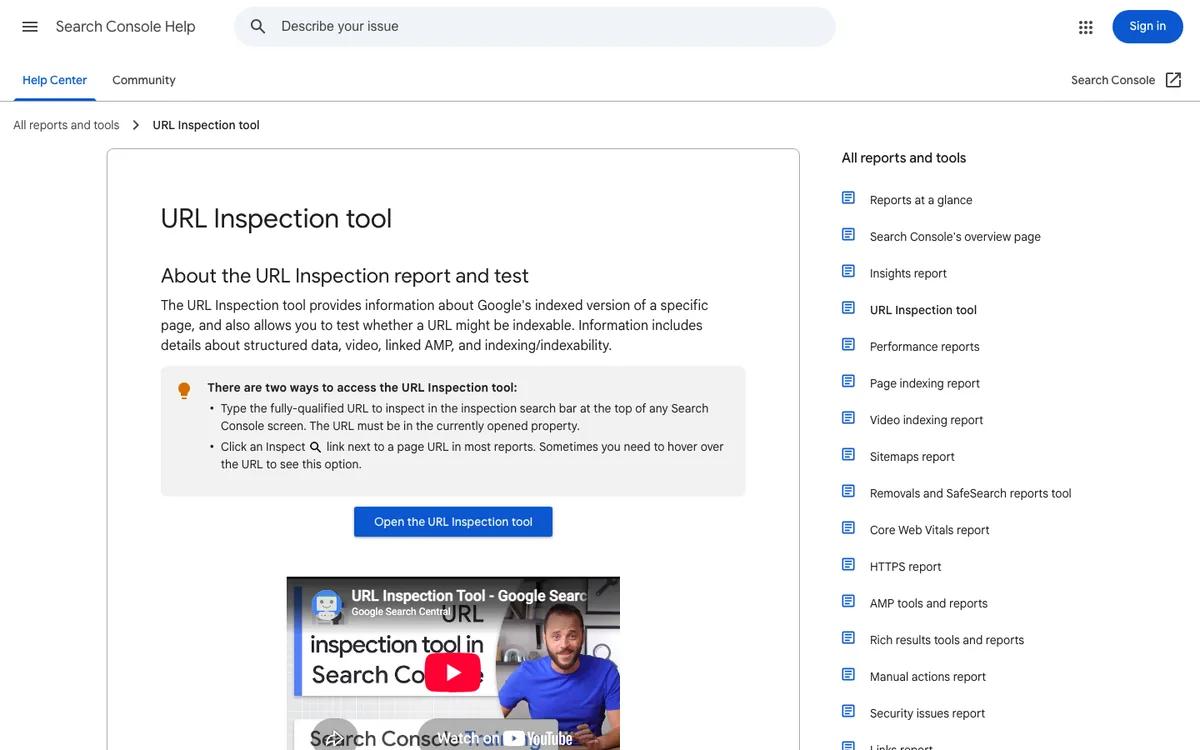 Google Search Console Help page explaining the URL Inspection report and live test