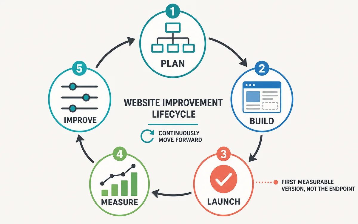 Conceptual website improvement lifecycle moving from plan to build, launch, measure, improve, and back to planning