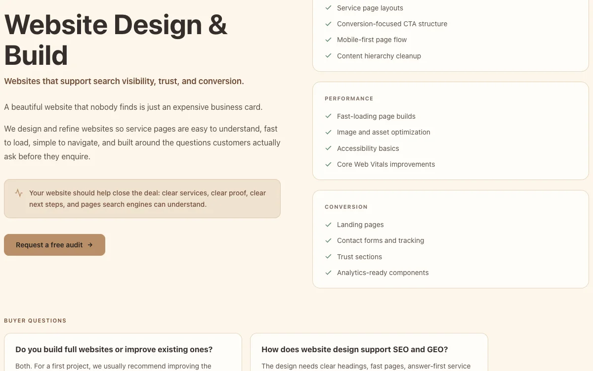 MAXUOD Digital services page showing Website Design and Build, performance, conversion, and a buyer question about SEO and GEO