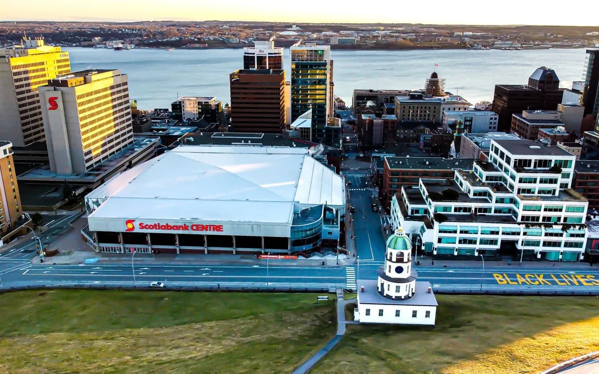Aerial view of downtown Halifax, the waterfront, and Dartmouth across the harbour