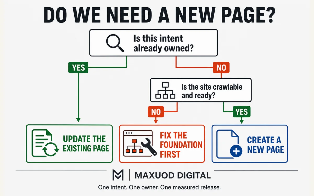Decision tree for updating a page, fixing the site, or creating a new page