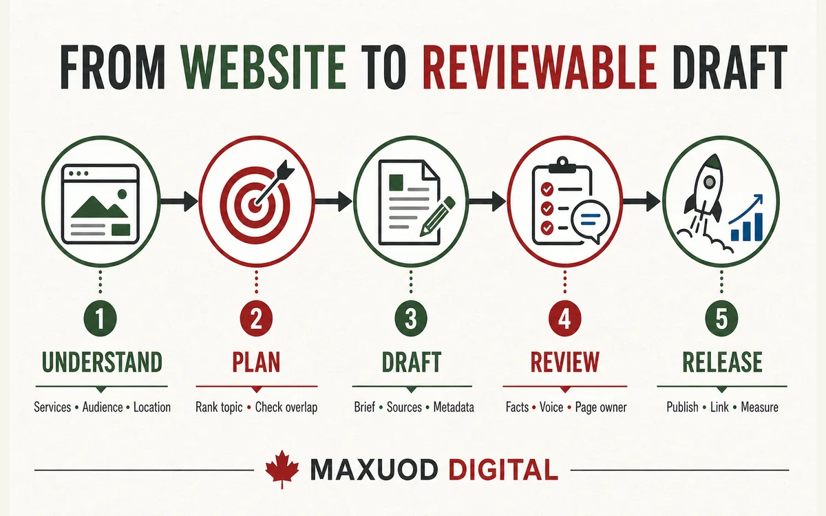 Five-stage workflow from website understanding to a measured content release