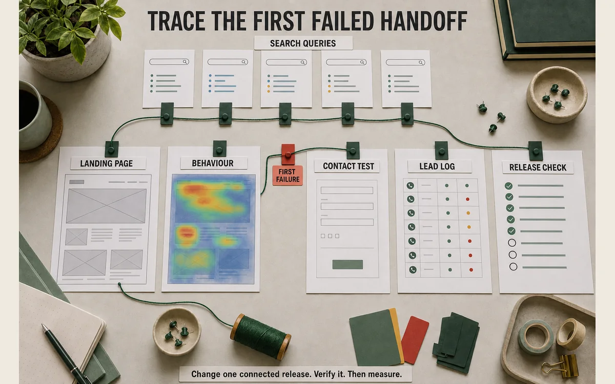 Labelled evidence desk connecting search queries, landing page, behaviour, contact test, lead log, and release check
